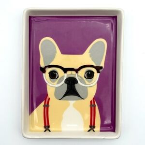 Magenta Ceramic Frenchie Dog Wearing Glasses and Suspenders Plate